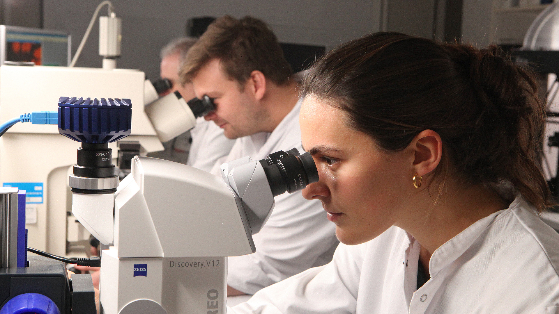 Researchers looking into microscopes